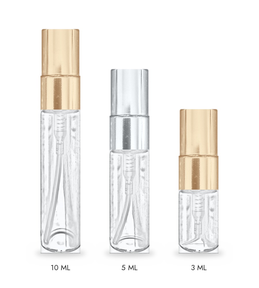 Decants de Rema Parfums de 10, 5 y 3 ml, con tapa dorada y plateada
